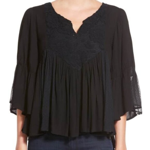 Ella Moss NWT Women's Stunning Black Pleated Lace Bib Peasant Blouse, Medium - Picture 1 of 8